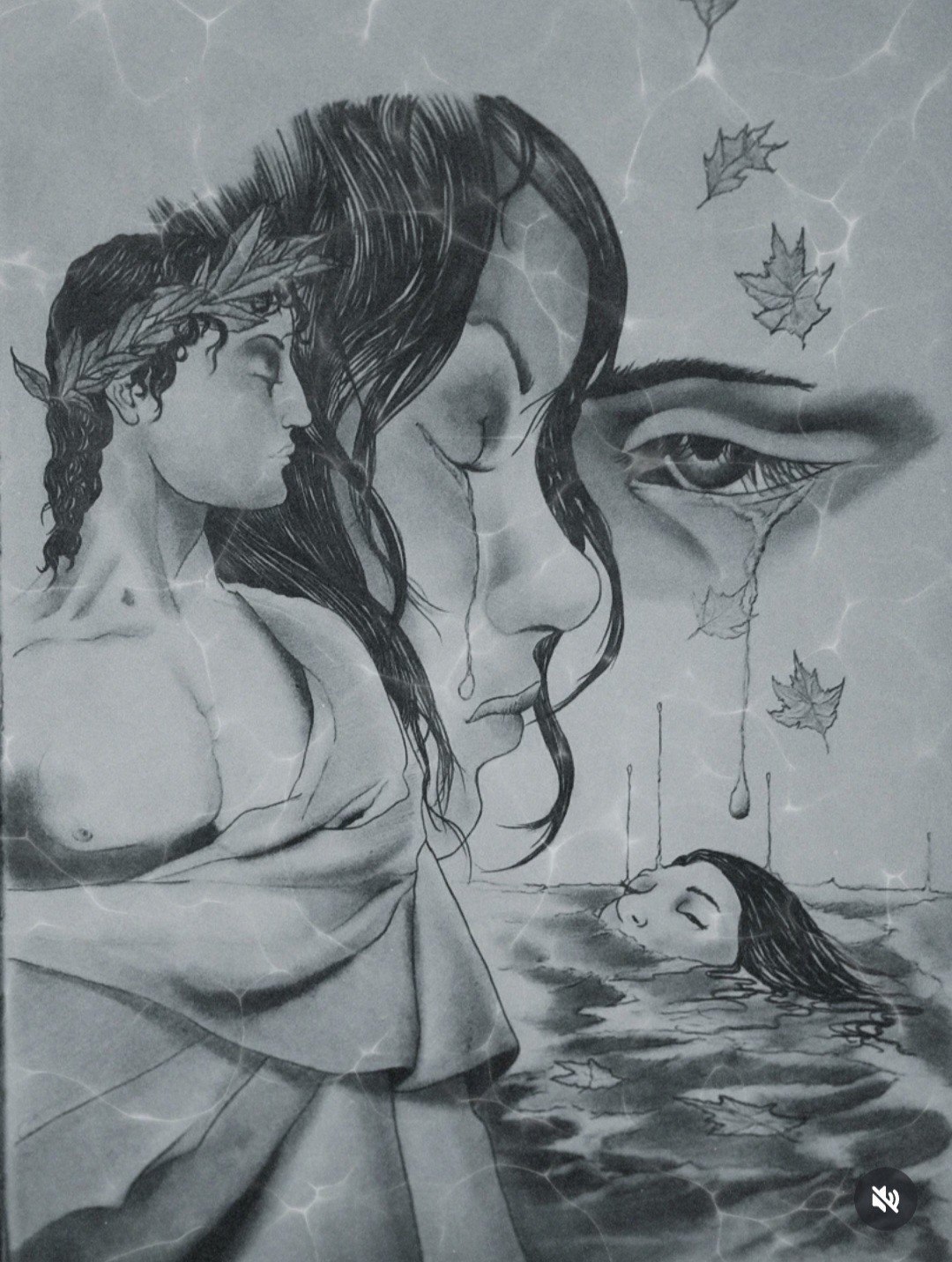 Composition en gris réunissant des visages féminins, un œil en larmes, des feuilles et une figure dans l’eau.