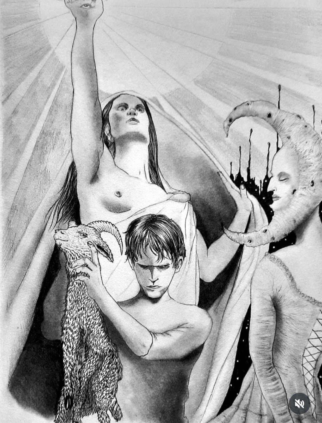 Composition en noir et blanc avec une femme levant le bras, un enfant tenant un bouquetin et un croissant de lune à visage humain.