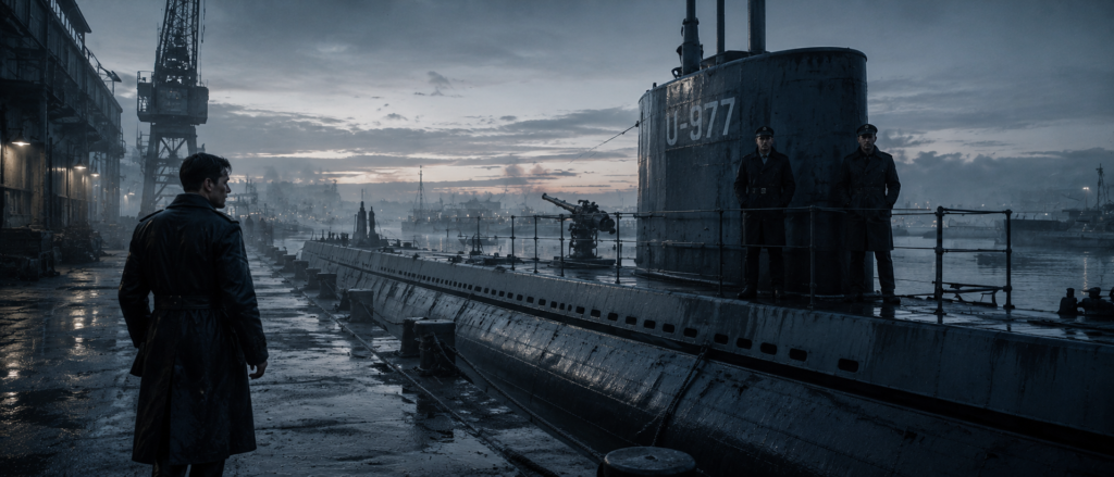 Un homme sur un quai face au sous-marin U-977, avec des membres d’équipage sur le pont dans un port industriel sombre.